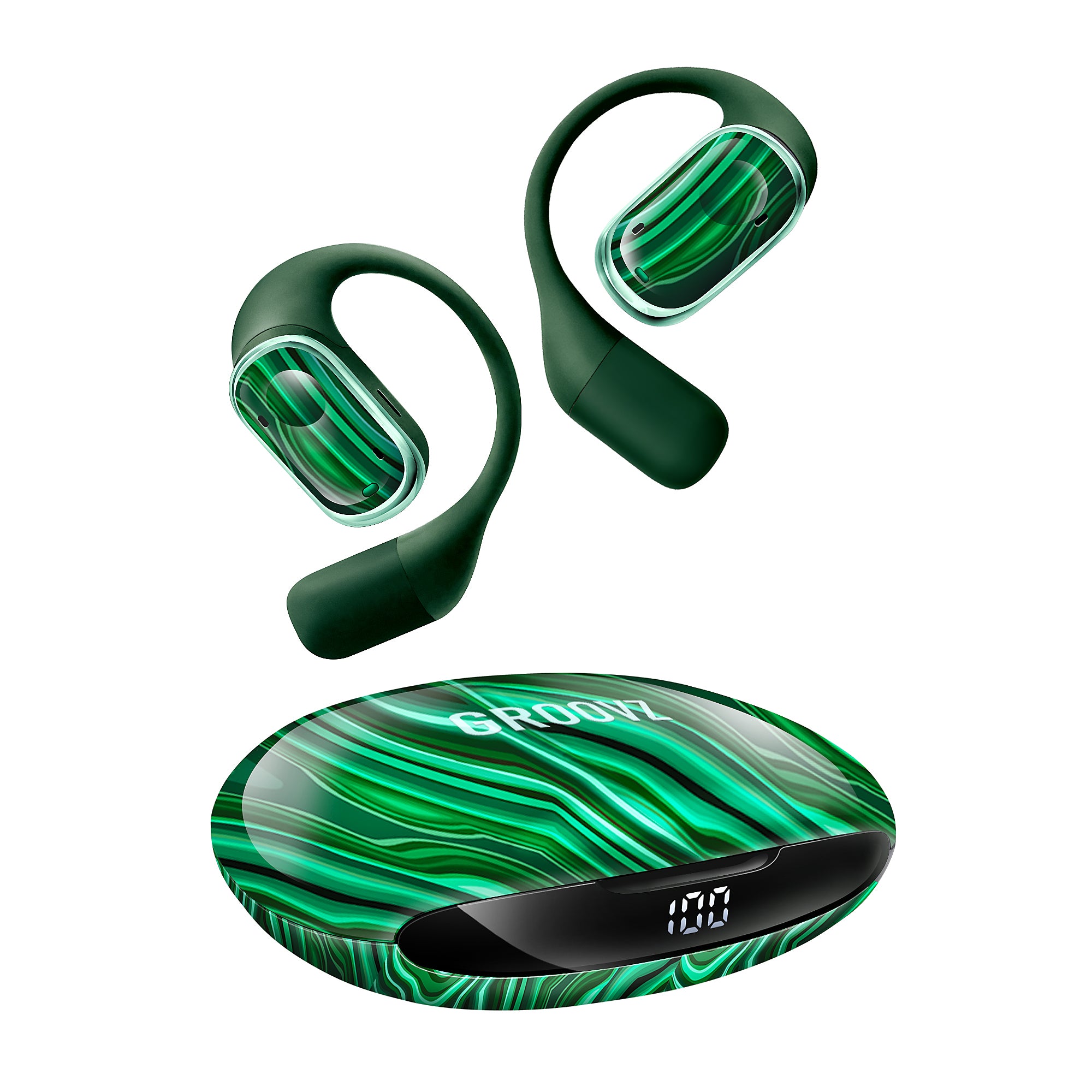 Green Groovz Plus open-ear headphones with charging case