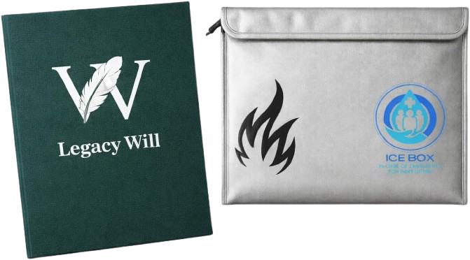 Legacy Will workbook beside an ICE Box document case